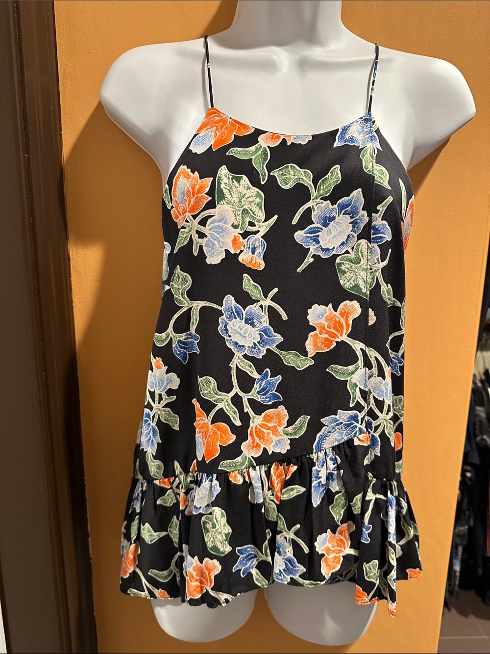 Joie Black Floral Ruffle-Hem Spaghetti-Strap Top